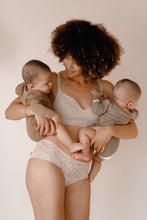 Load image into Gallery viewer, Mother holding her twin babies wearing Valeria nursing bra and Leia hipster in colour rose
