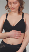 Load and play video in Gallery viewer, Model wearing Valeria nursing bra and Lemonie high waist in colour black showing how you can open the nursing bra

