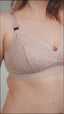 Model wearing Valeria nursing bra and Leia hipsters in colour rose showing how you can open the nursing bra