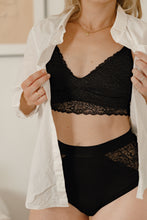 Load image into Gallery viewer, Close up of model wearing Vienna nursing bra and Lemonie high waist on colour black
