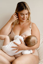 Load image into Gallery viewer, Model nursing her baby wearing Valeria nursing bra and Leia hipster in colour rose

