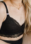 Detail picture of model wearing Vienna nursing bra in black