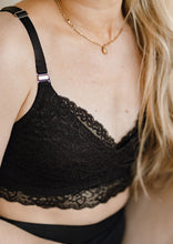 Load image into Gallery viewer, Detail picture of model wearing Vienna nursing bra in black
