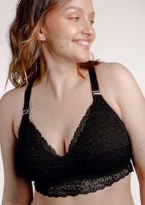 Model smiling wearing Vienna nursing bra in colour black