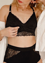 Load image into Gallery viewer, Detail picture of model wearing Vienna nursing bra and Lemonie high waist in black
