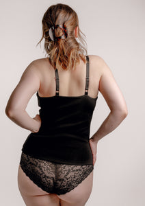 Back of model wearing Viola nursing top and Lemonie high waist in colour black